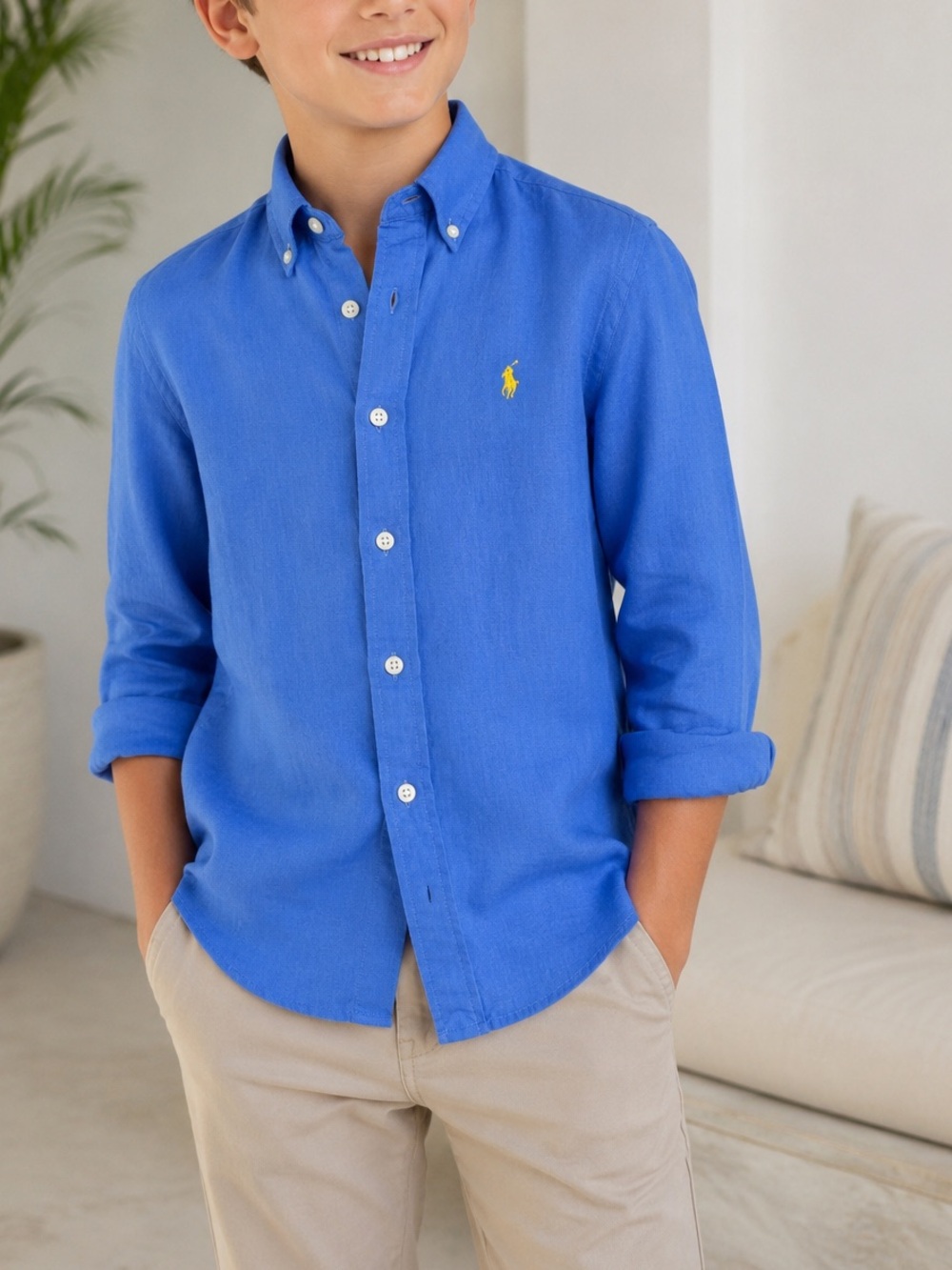 Polo Ralph Lauren Boys Blue 100% Linen Button Down Shirt Size M 10-12